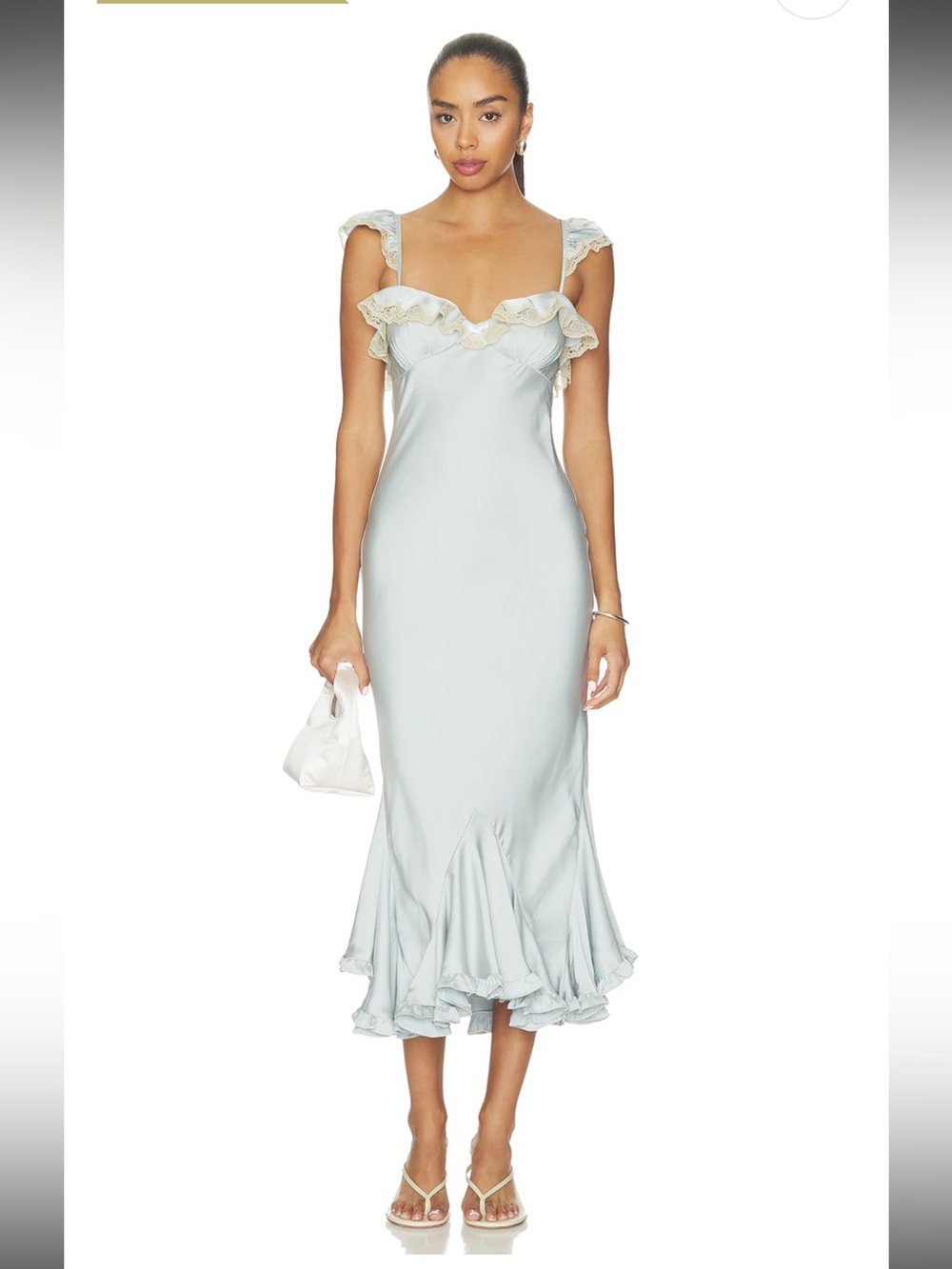 LPA Powder Blue Ruffle-Trim Midi Slip Dress